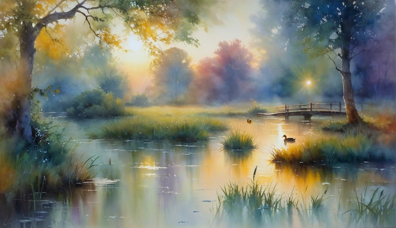 Serene dawn landscape with pond and wooden bridge