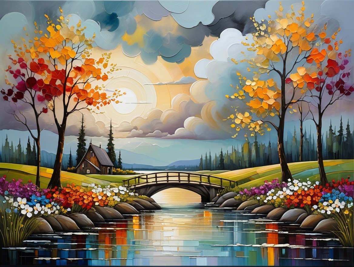 Autumn Landscape with Trees, River, and Cottage