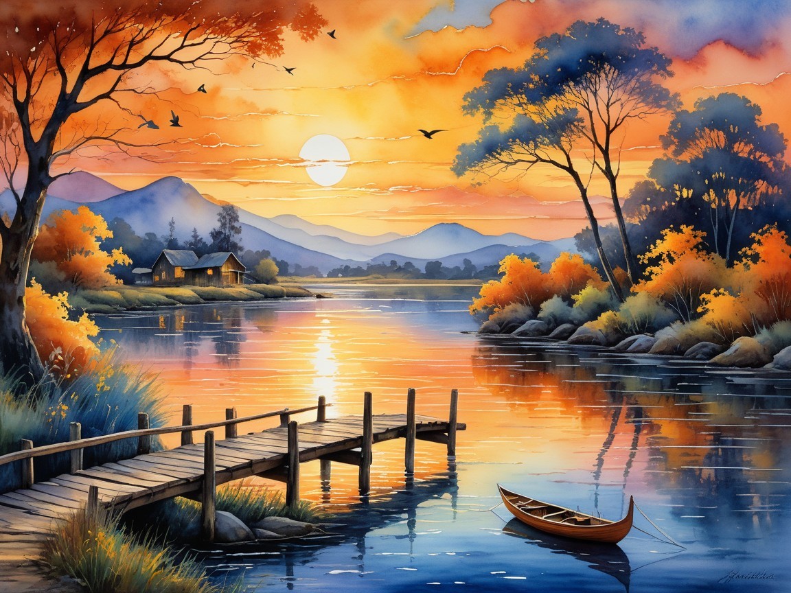 Serene Sunset Landscape with River and Silhouetted Mountains