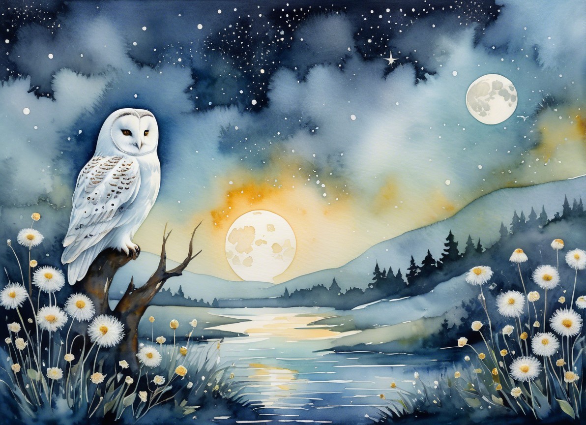 Serene landscape with owl, river, and glowing moons