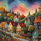 Autumn Landscape with Colorful Houses by a Lake