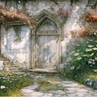 Charming Cottage with Rustic Door and Lush Garden