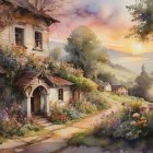 Quaint European Village Street Scene at Sunset