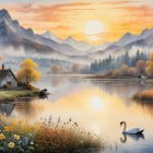 Vibrant Sunset Landscape with Autumn Trees and Lake