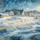 Winter Landscape with Log Cabins and Starry Sky