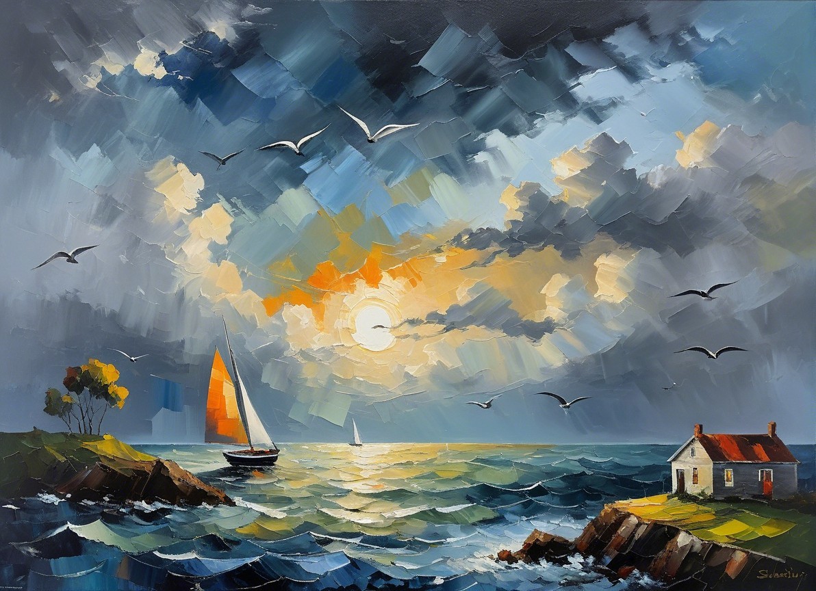 Vibrant Seascape at Sunset with Sailboat and Shoreline
