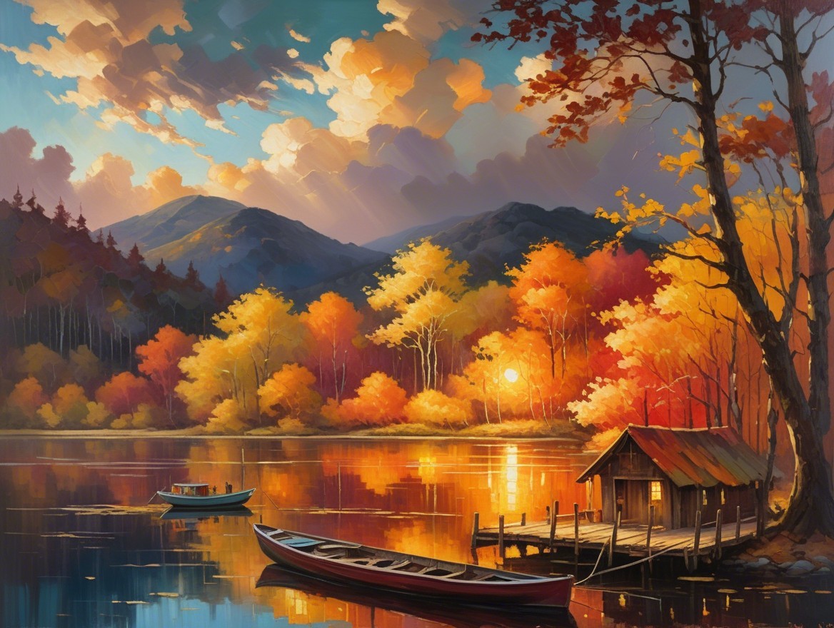 Tranquil Autumn Lake Scene with Rustic Cabin