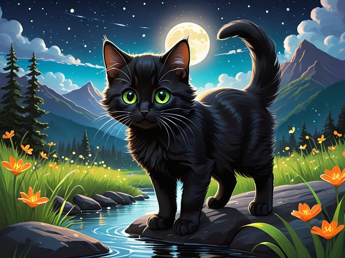 Black Cat by Stream Under Full Moon and Mountains