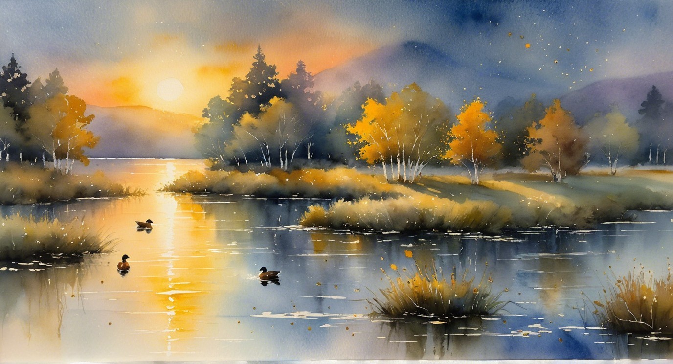 Watercolor Landscape of a Tranquil Lake at Dawn