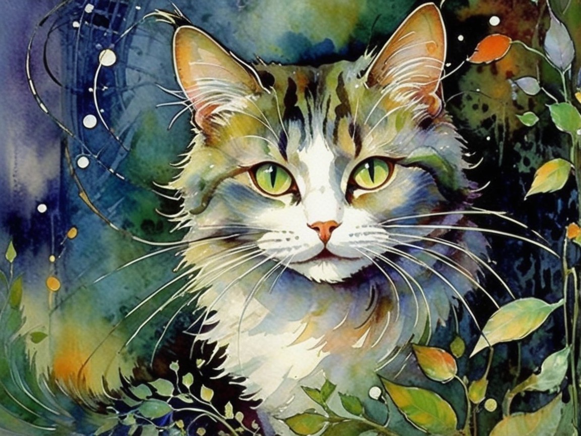 Vibrant Watercolor Cat with Green Eyes and Fluffy Coat