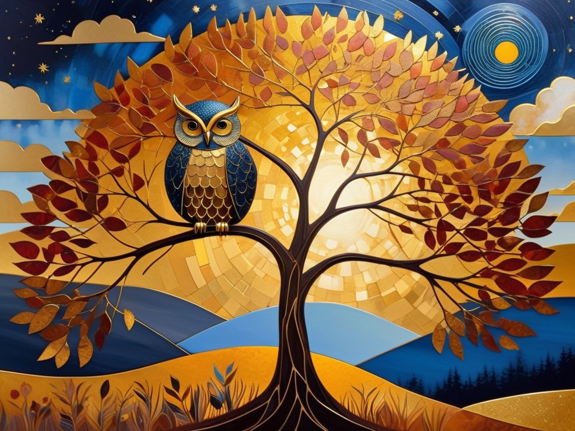 Vibrant Tree with Golden Leaves and Starry Sky