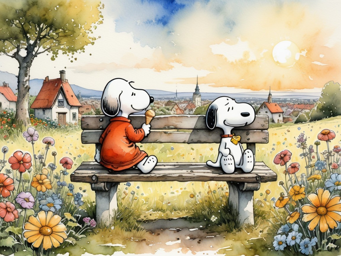 Cartoon Dogs on Bench in Serene Countryside Setting
