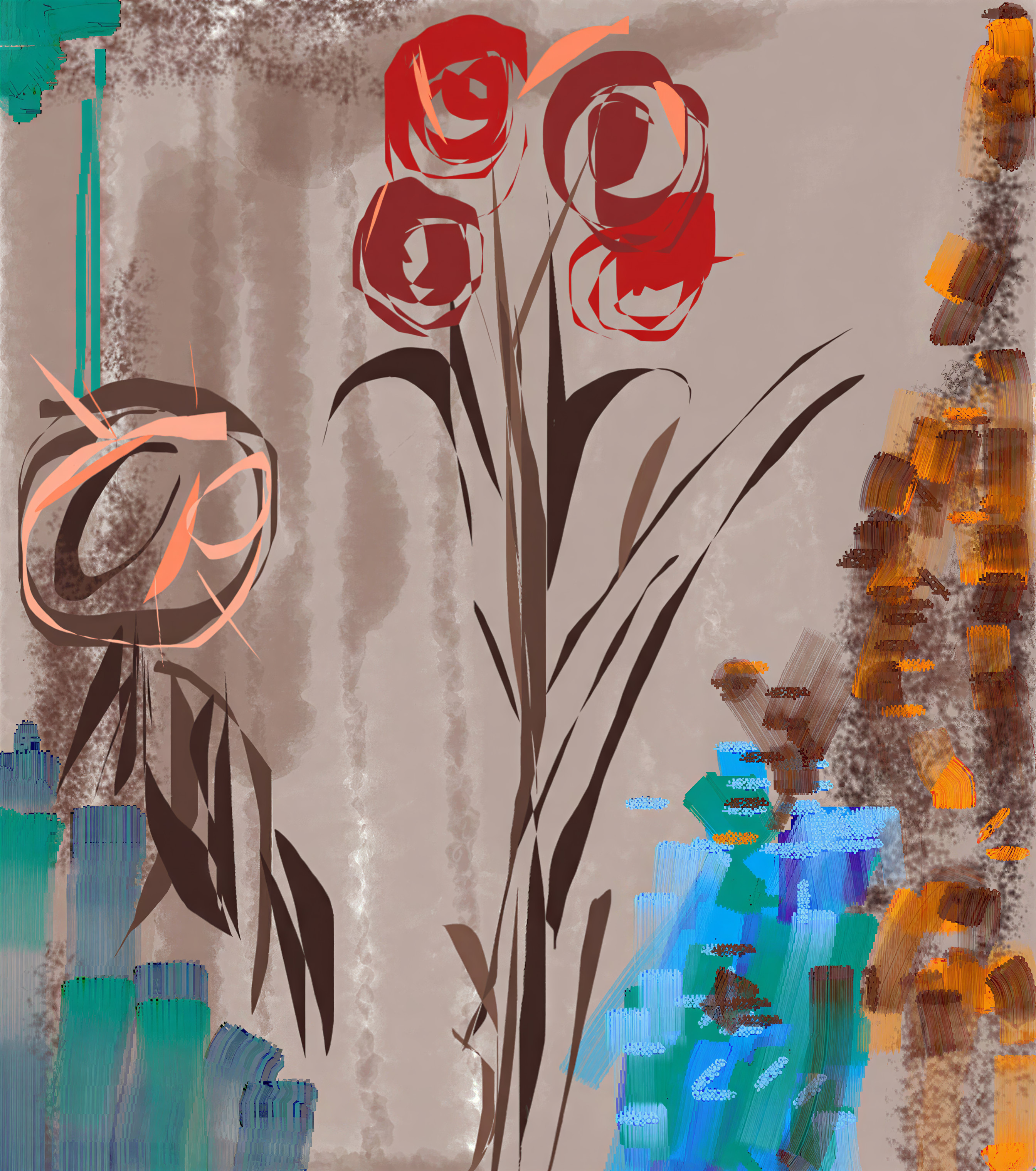 Stylized Floral Composition with Bold Red Roses