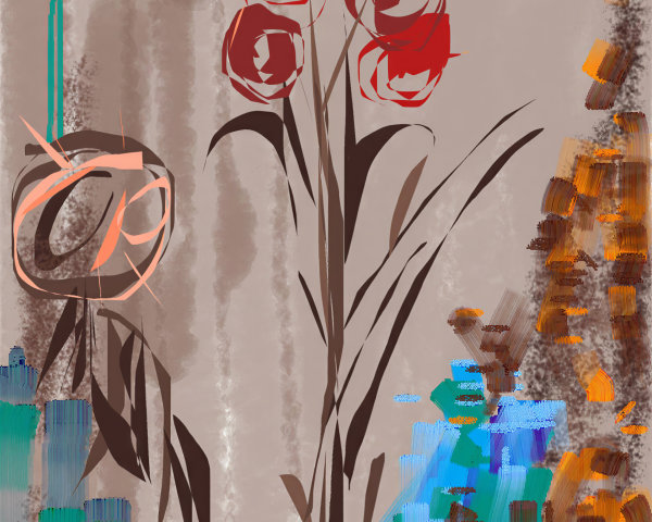 Stylized Floral Composition with Bold Red Roses