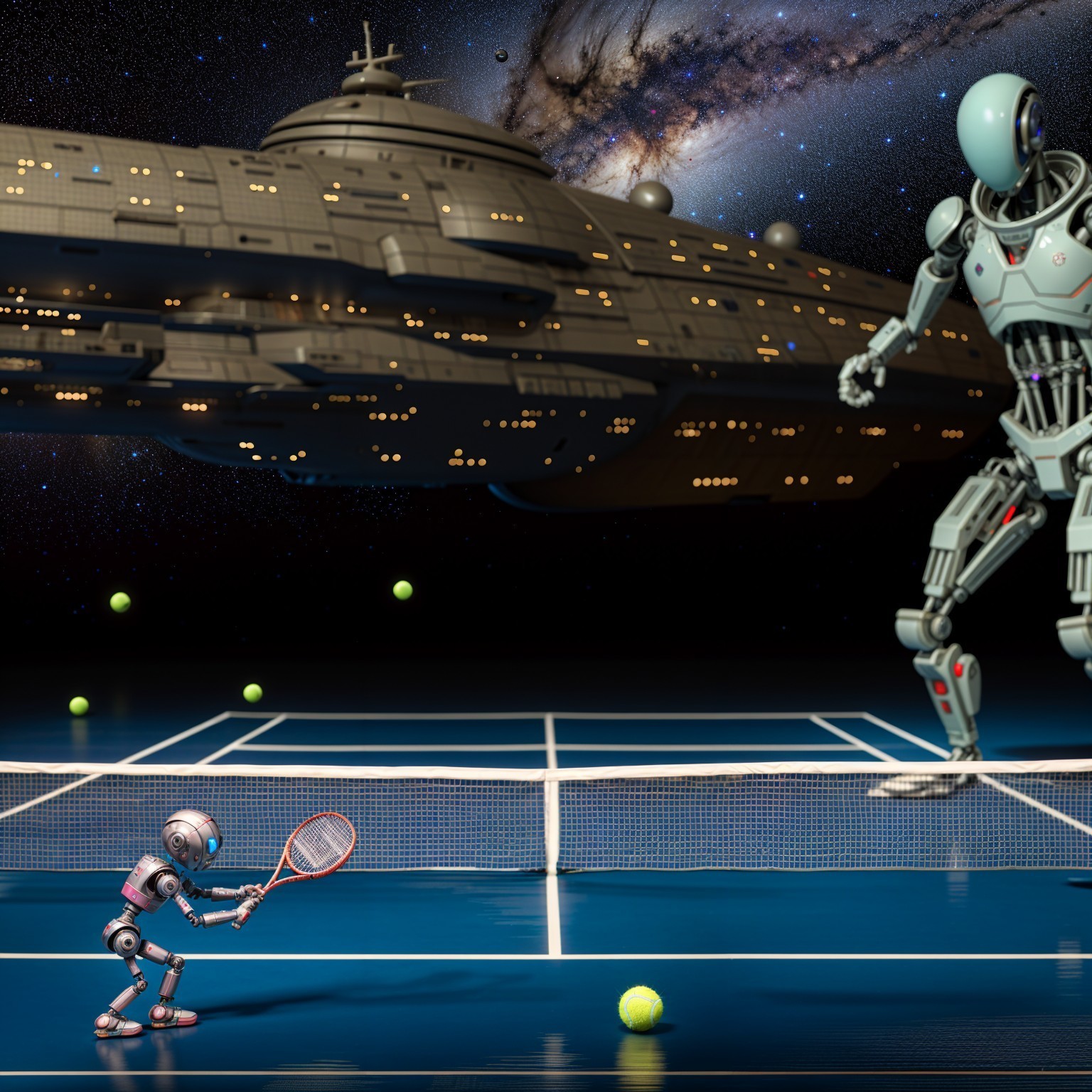 Robotic Characters Playing Tennis in a Cosmic Scene