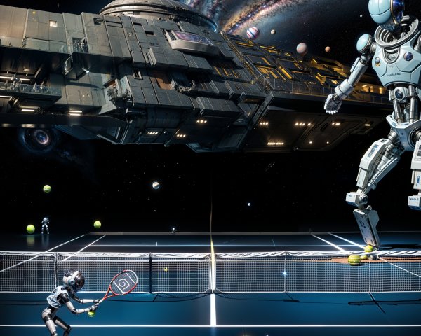 Giant Robot Observes Tennis in Futuristic Space Scene