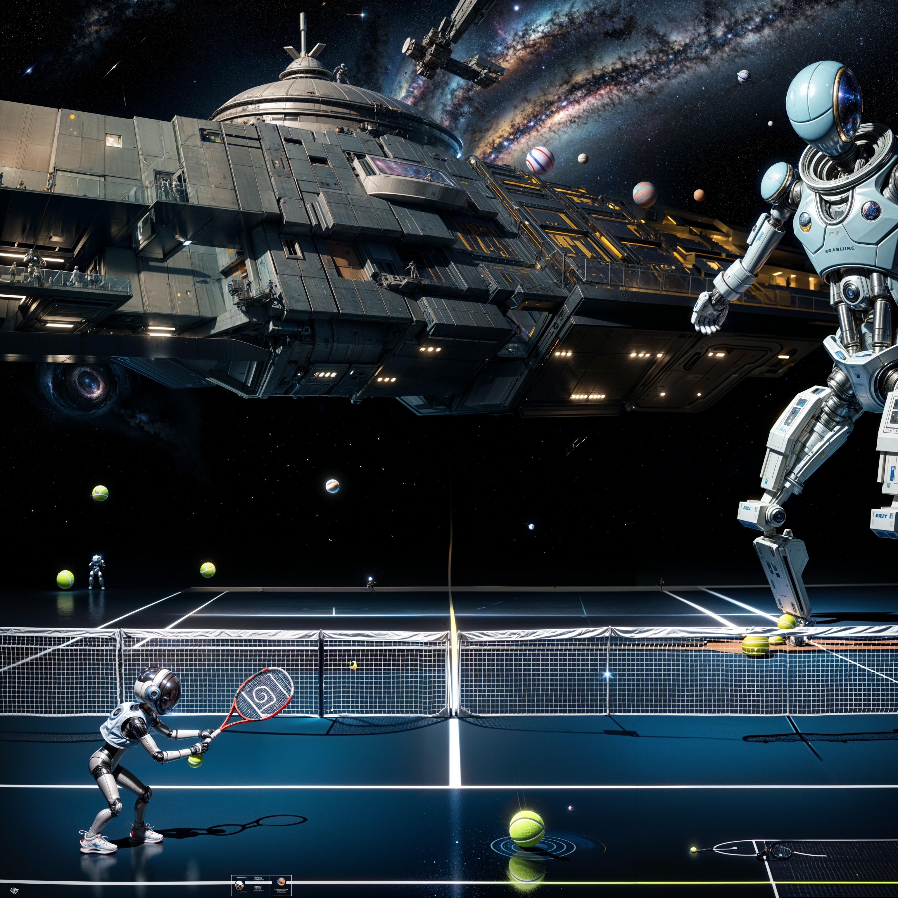 Giant Robot Observes Tennis in Futuristic Space Scene