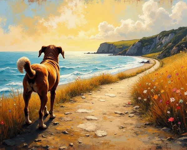 Golden-brown dog on coastal path with sunset backdrop
