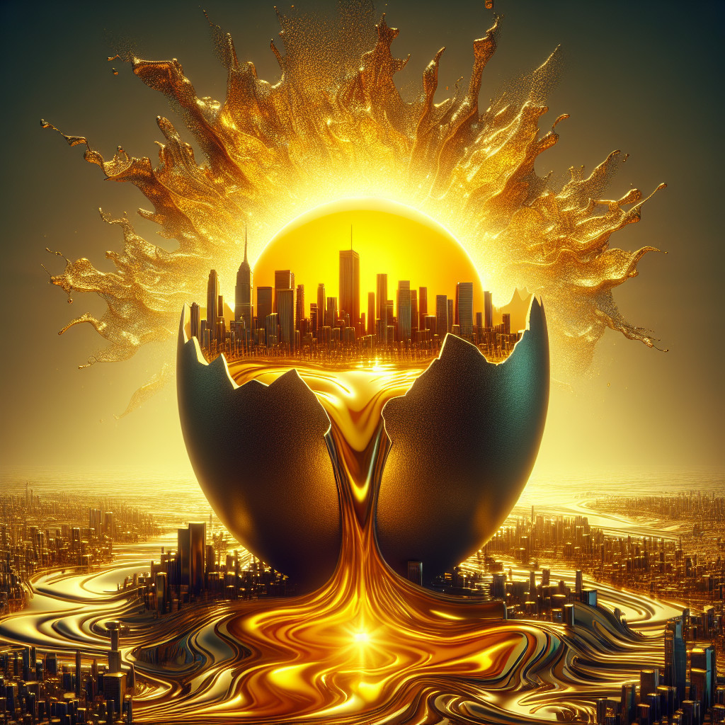 Golden Sun Rising from Eggshell with City Skyline