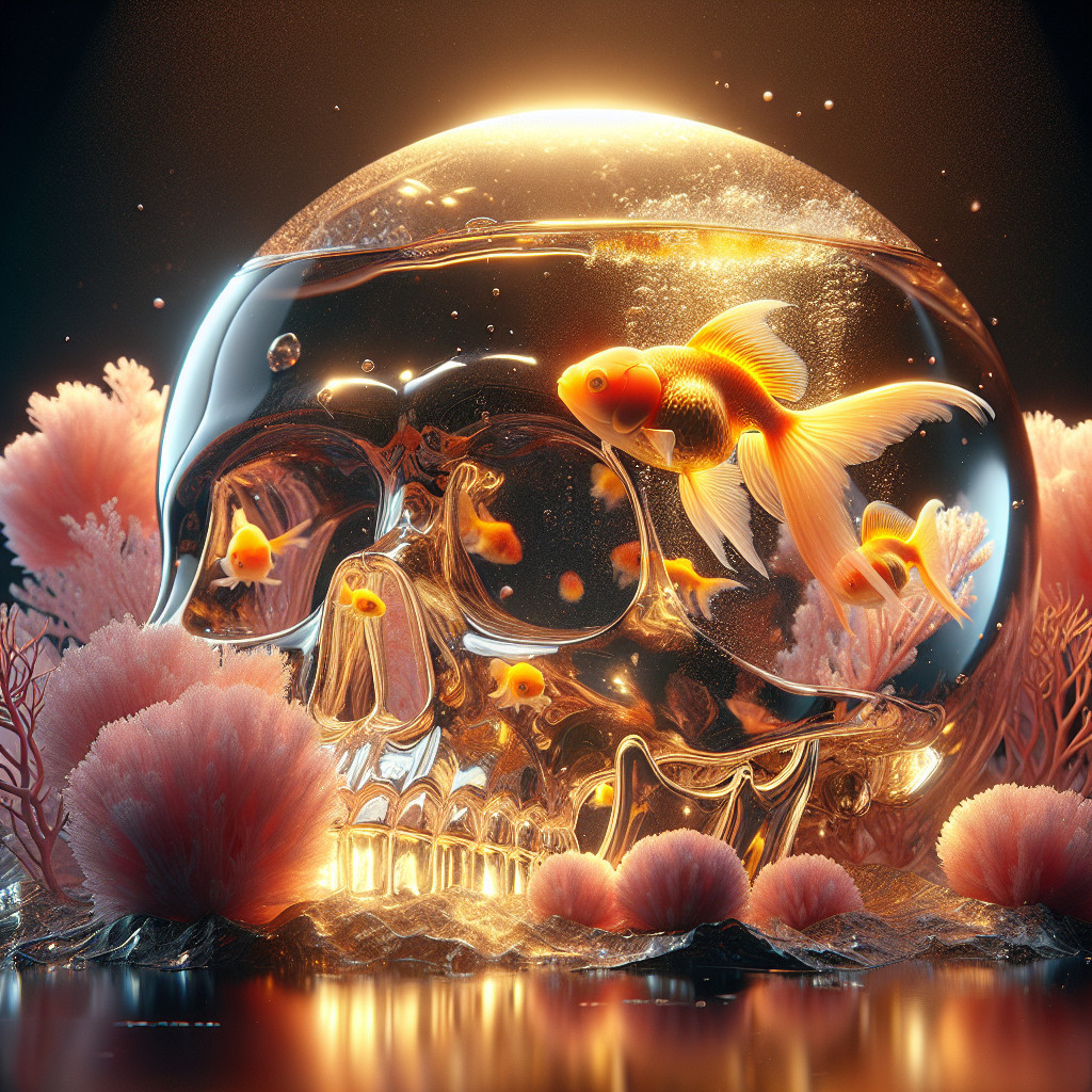Transparent skull with goldfish and coral formations