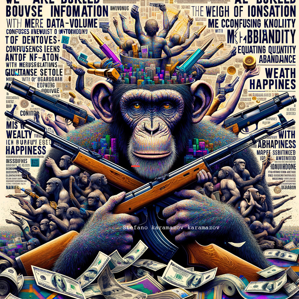 Surreal Illustration of Monkey Amid Money and Technology
