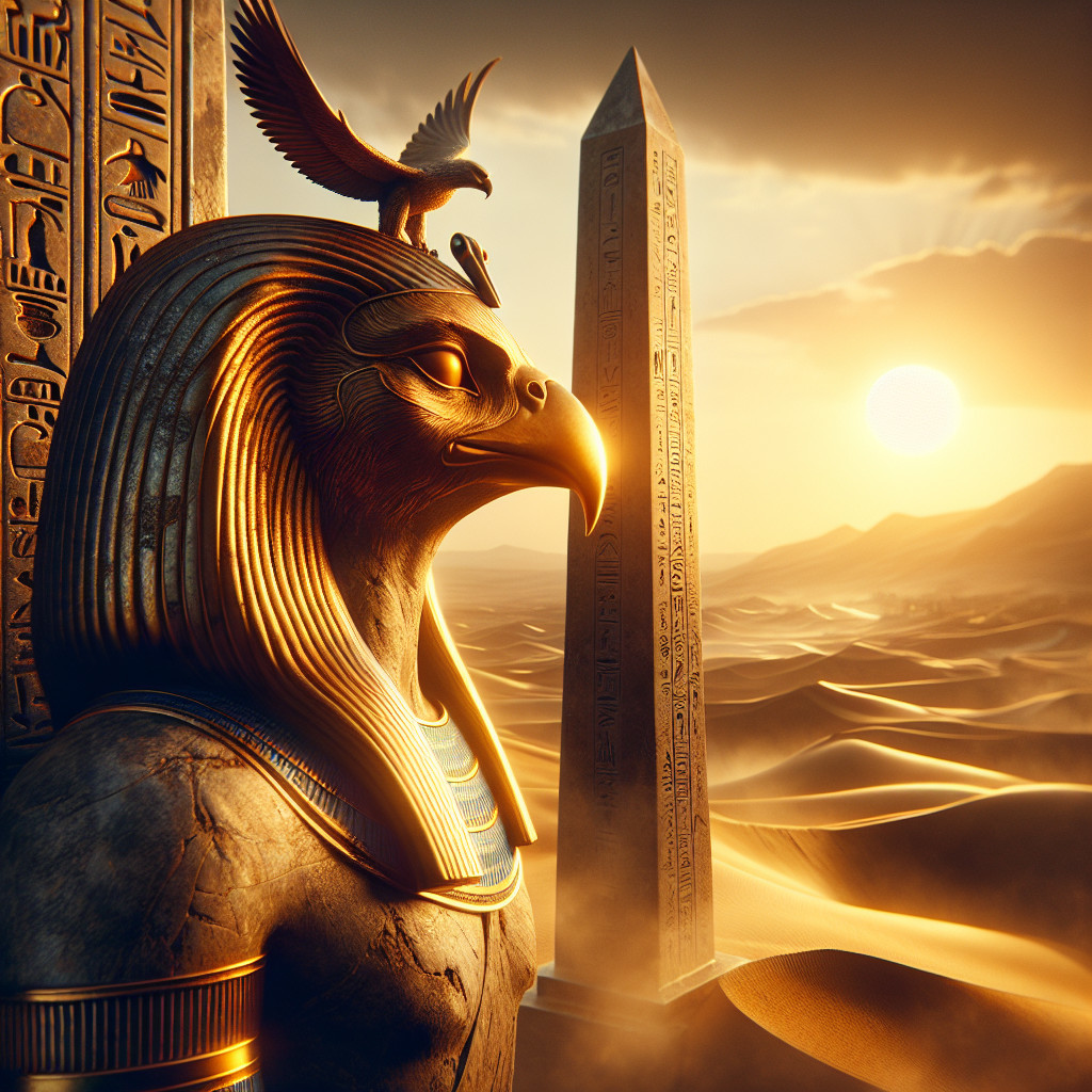 Colossal Falcon-Headed Statue in Desert at Sunset