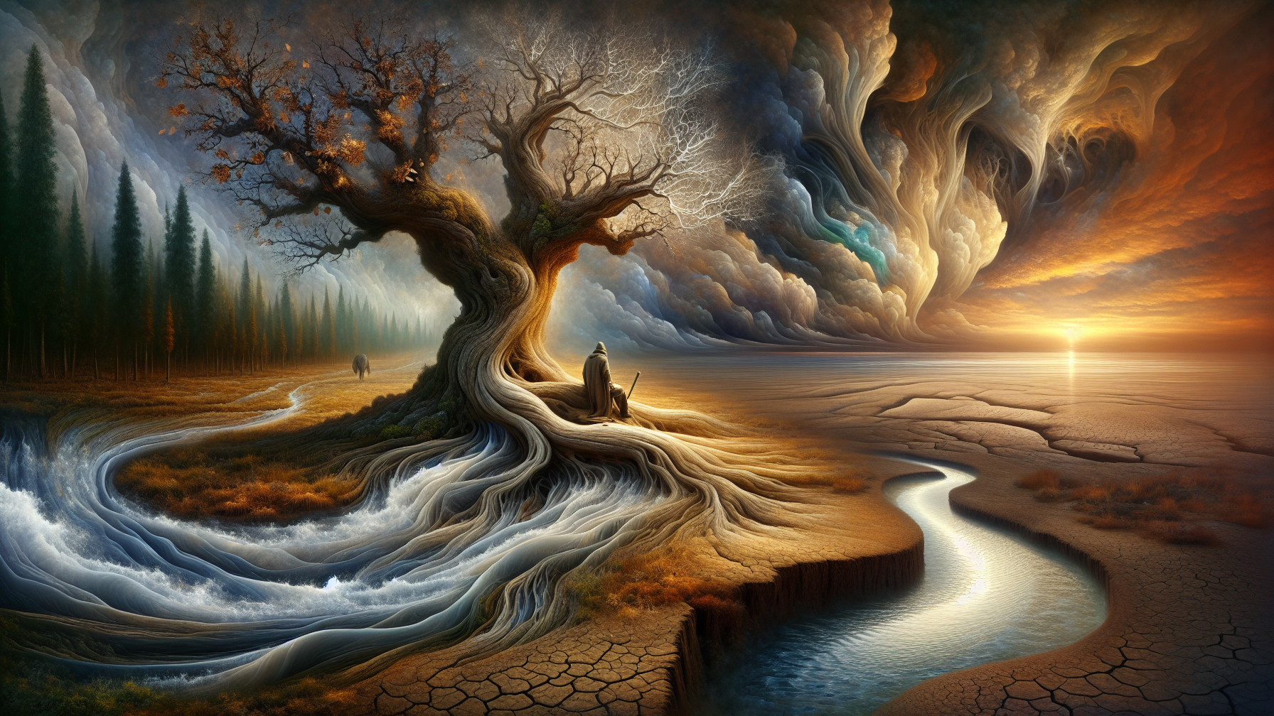 Hyperrealistic landscape with ancient tree and water features