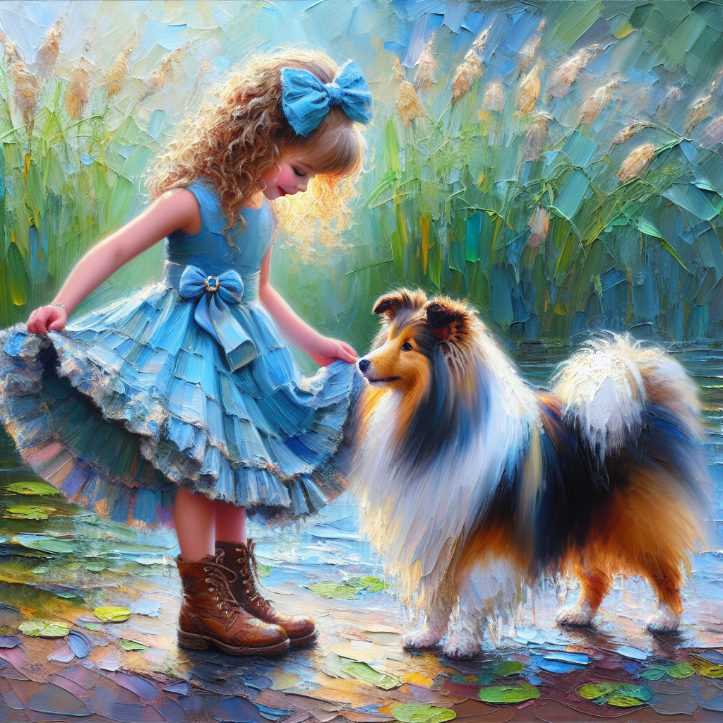 Young girl in blue dress by serene pond with dog