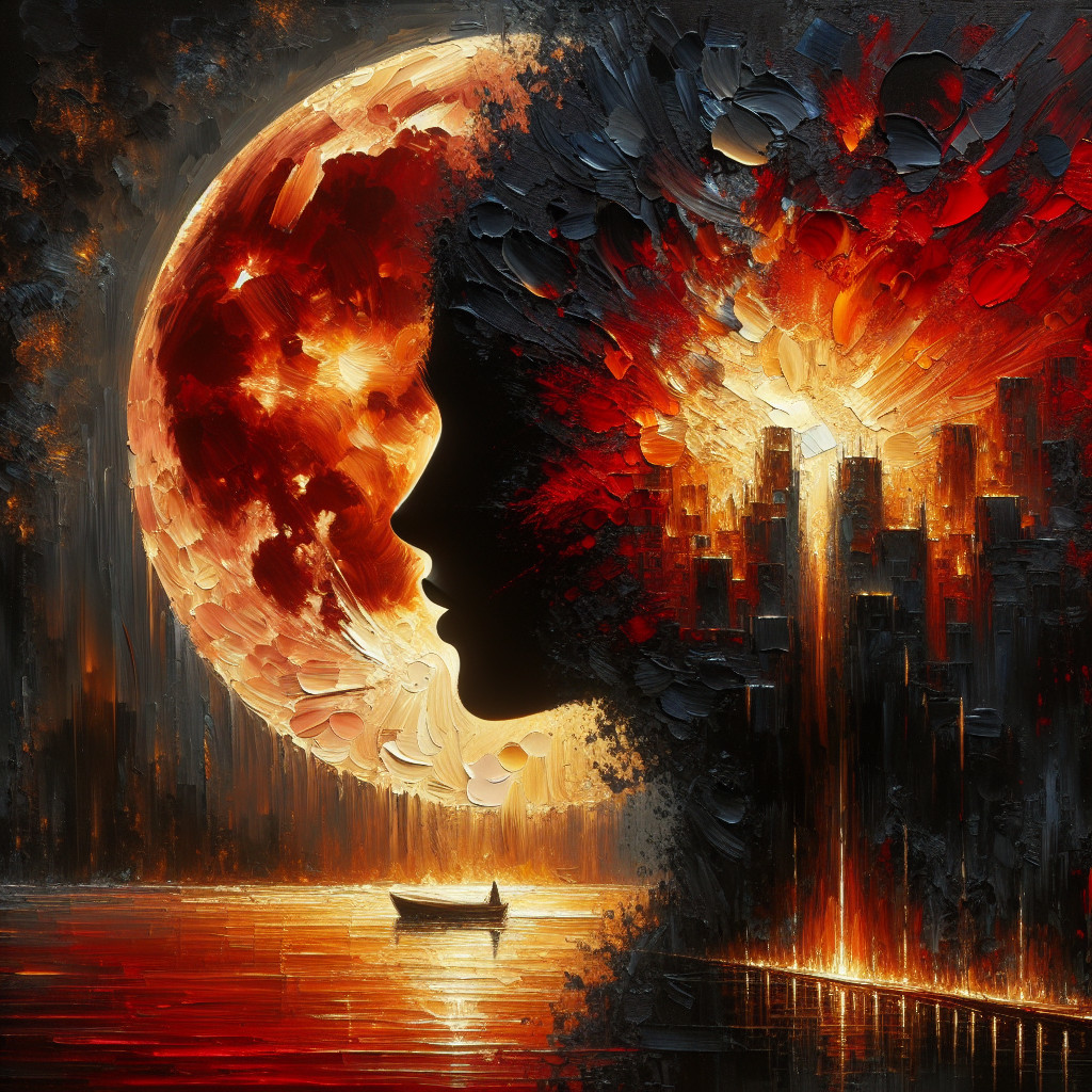 Surreal Scene of Fiery Moon Over Dark City Skyline