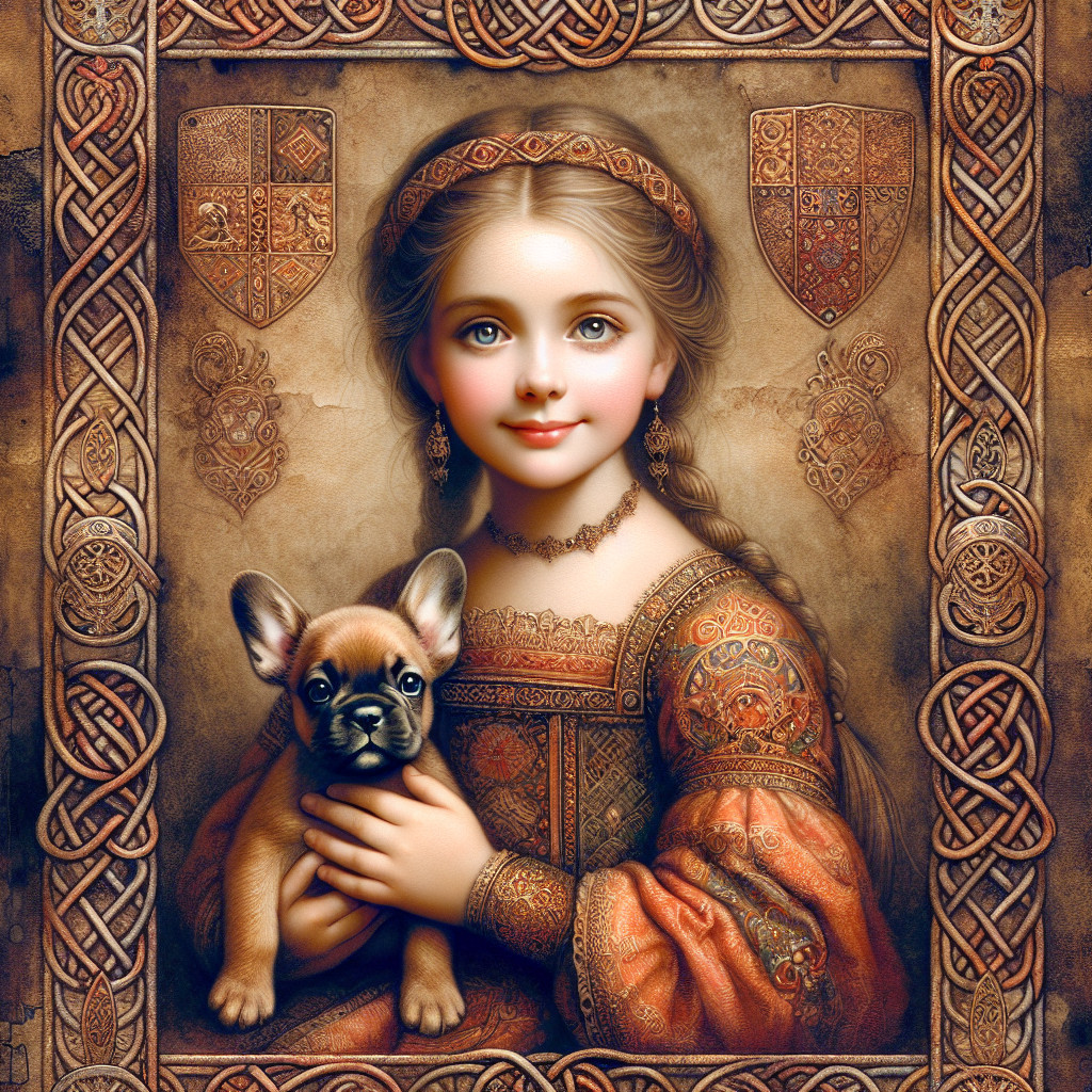 Young girl with French Bulldog in ornate dress portrait