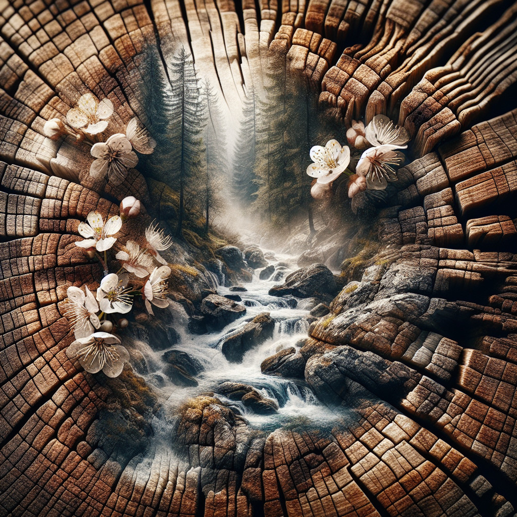 Wooden Cross-Section with Flowers and Serene Stream