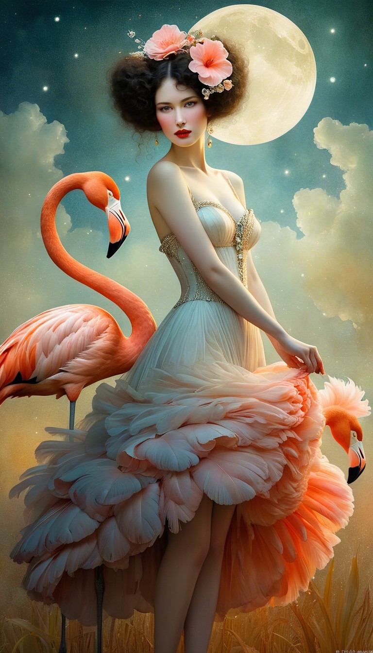 Woman in Ruffled Pink Dress Beside Flamingo at Night