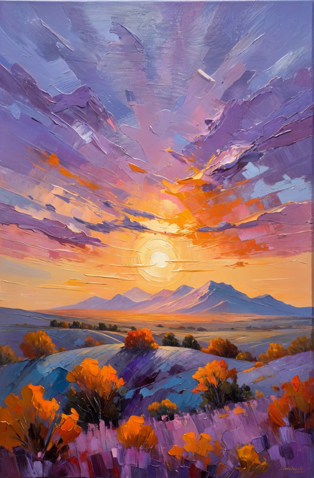 Vibrant Landscape with Dramatic Sunset Sky and Hills