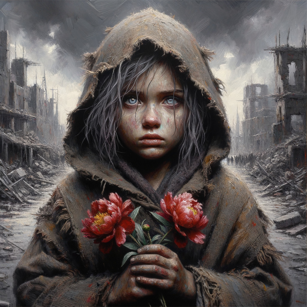 Young Girl in Tattered Clothing Amidst War Ruins
