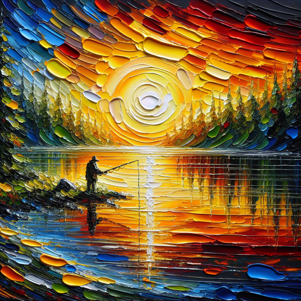 Fisherman by Tranquil Lake at Vibrant Sunset