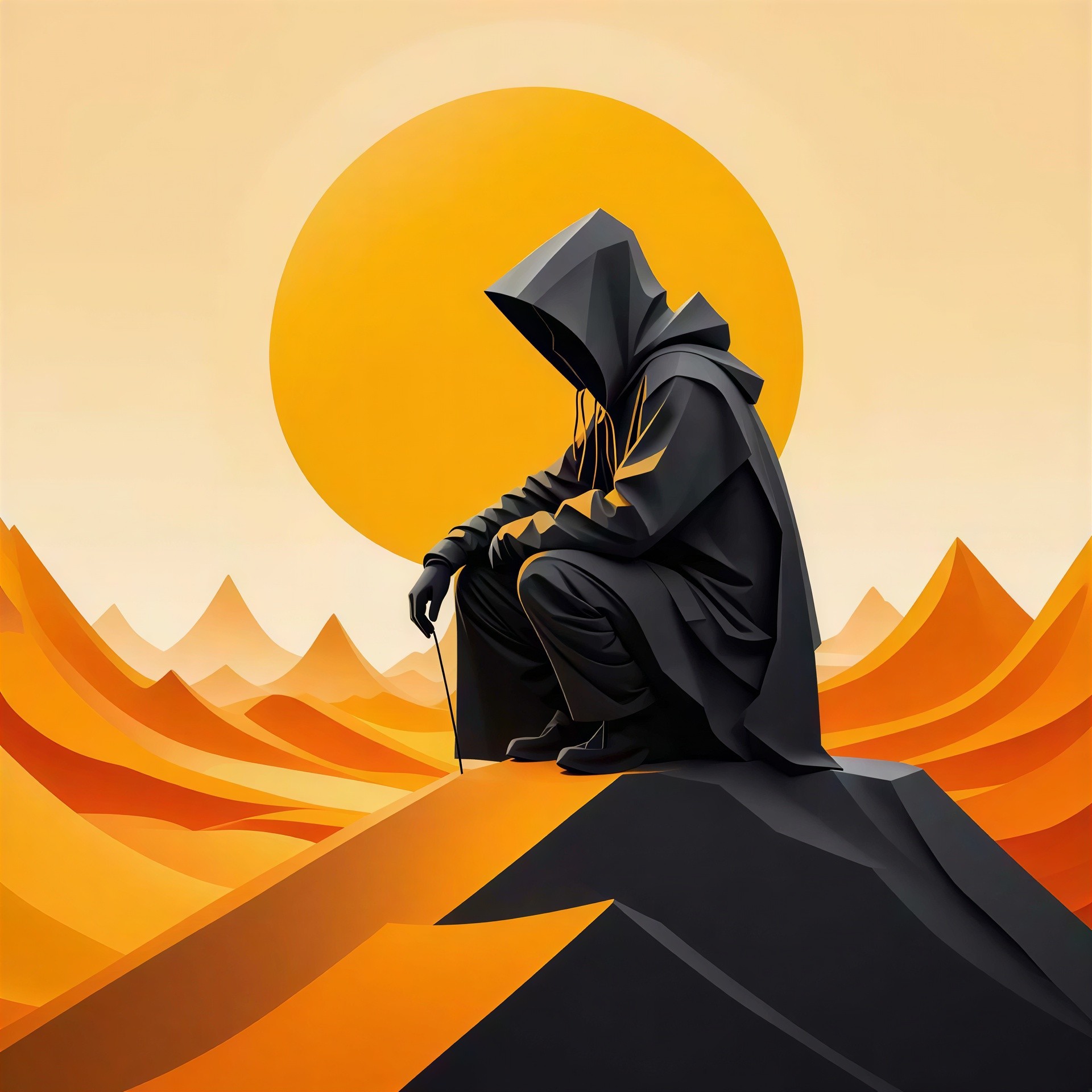 Stylized figure in black robe on dark rock with sunset