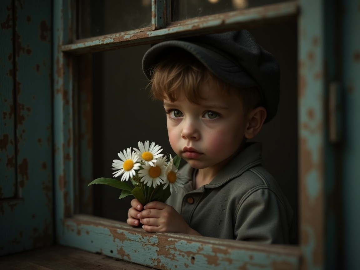 Child with Daisies at a Weathered Window