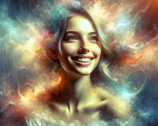 Radiant Woman Surrounded by Vibrant Colors and Light