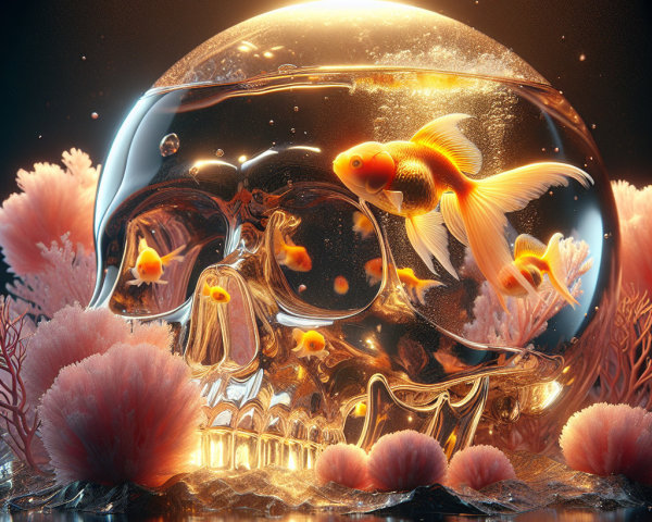 Transparent skull with goldfish and coral formations