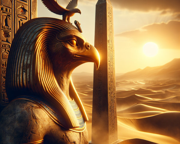 Colossal Falcon-Headed Statue in Desert at Sunset