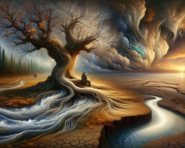 Hyperrealistic landscape with ancient tree and water features