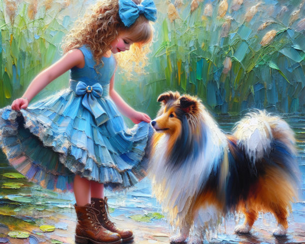 Young girl in blue dress by serene pond with dog