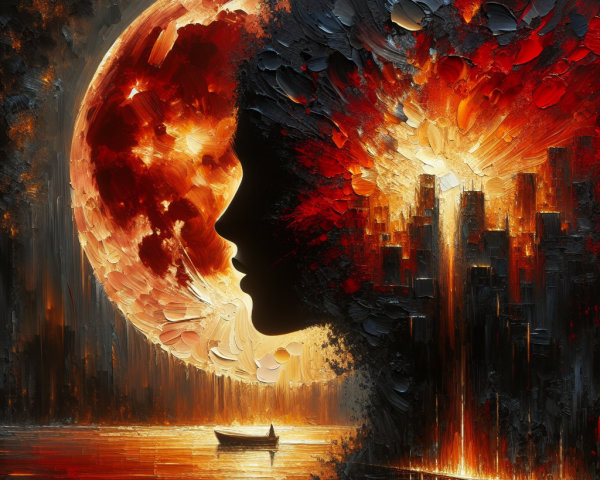 Surreal Scene of Fiery Moon Over Dark City Skyline