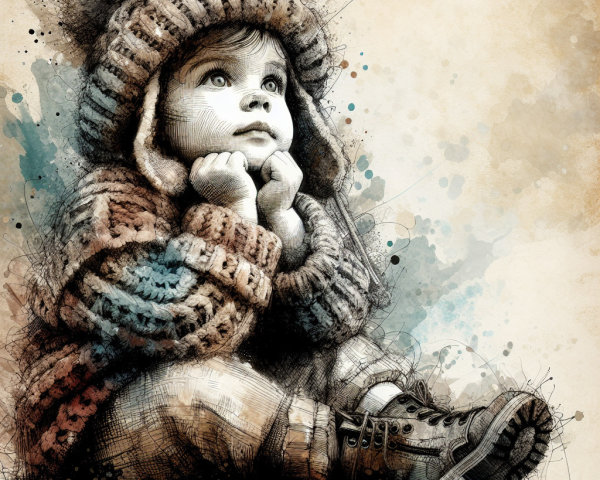 Child in oversized sweater with dreamy expression