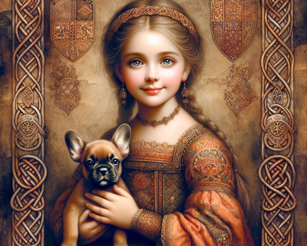 Young girl with French Bulldog in ornate dress portrait