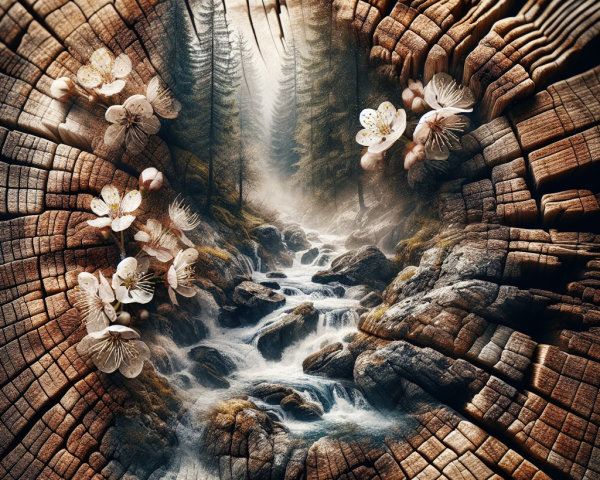 Wooden Cross-Section with Flowers and Serene Stream