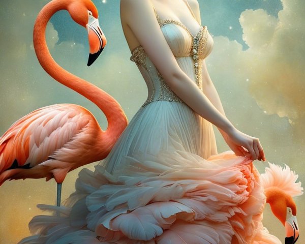 Woman in Ruffled Pink Dress Beside Flamingo at Night