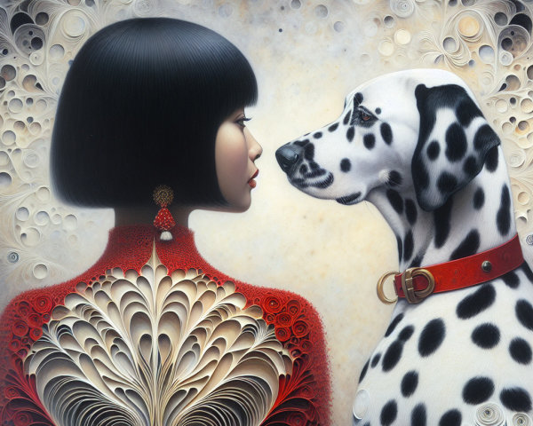 Portrait of a Woman in Red with a Dalmatian Dog