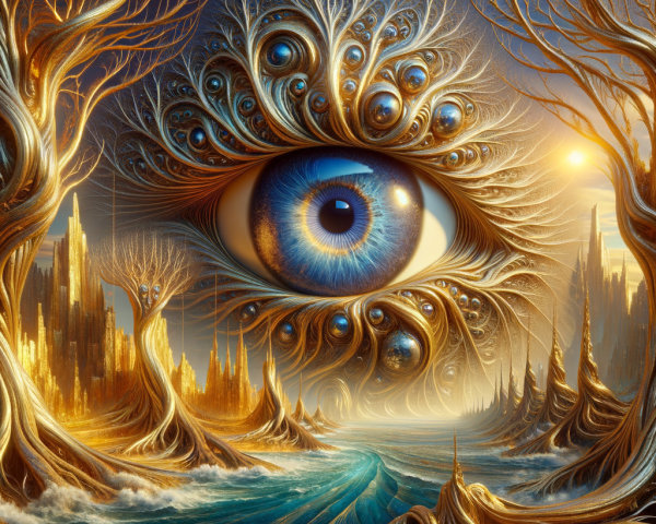 Surreal landscape with an eye and golden trees