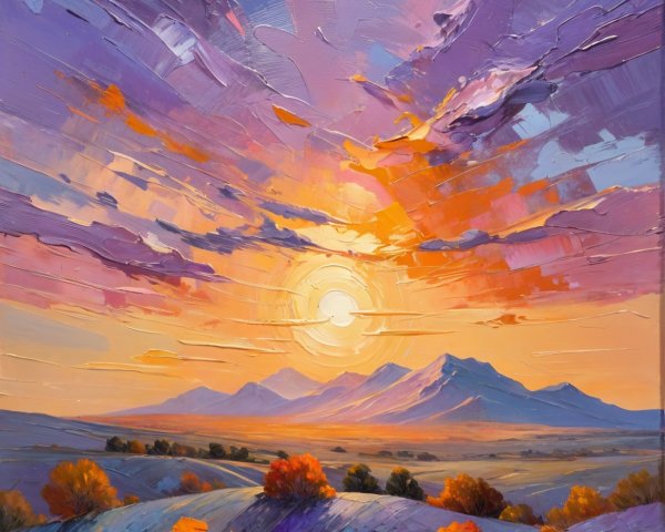 Vibrant Landscape with Dramatic Sunset Sky and Hills